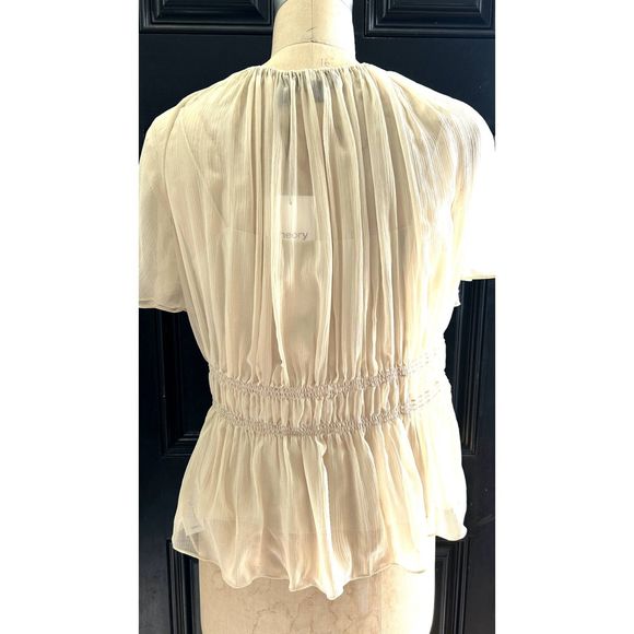 Theory Wmn Flax Tie Neck Raglan Short Sleeves Crinkled Silk Chiffon Top Sz M NWT - Picture 6 of 14